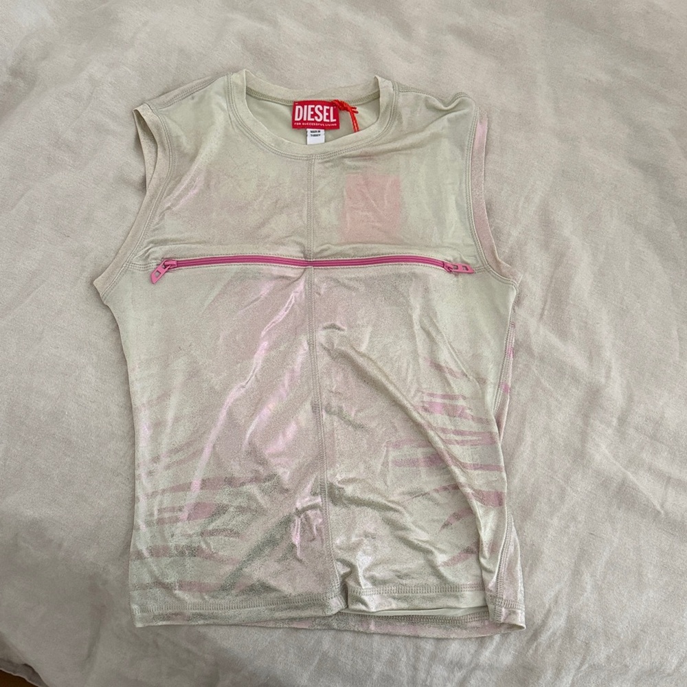 Diesel women’s Iridescent Cream Tank Top with Pink Zipper Accents